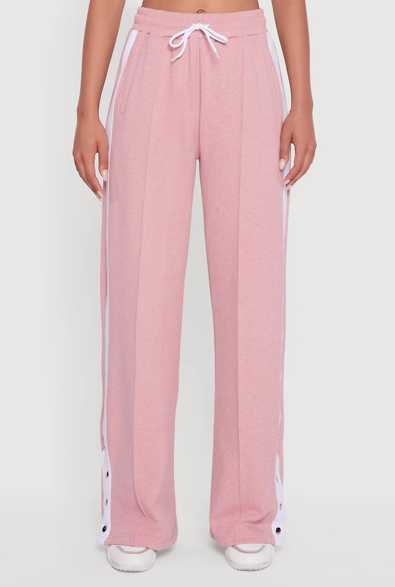 Womens Snap Button Side Stripe Drawstring Waist Track Pants, Pink, Size L