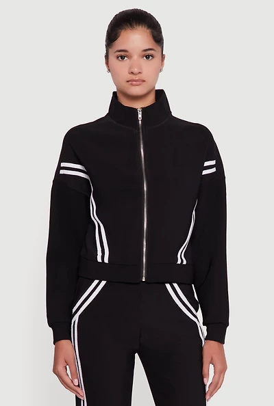 Womens Long Sleeve Mock Neck Varsity Stripe Detail Track Jacket, XL