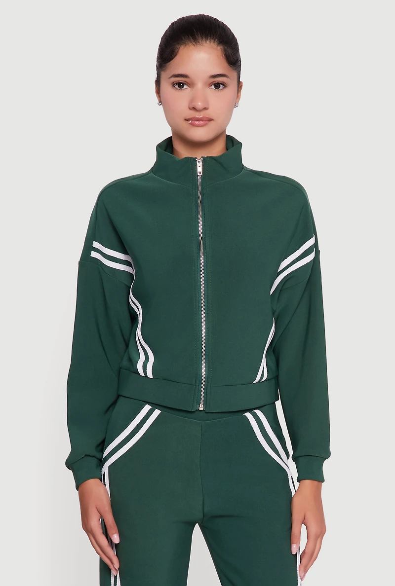 Womens Long Sleeve Mock Neck Varsity Stripe Detail Track Jacket, Green, Size XL