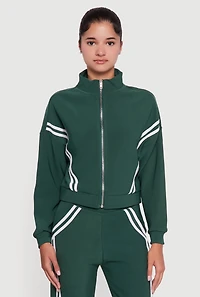 Womens Long Sleeve Mock Neck Varsity Stripe Detail Track Jacket, Green, Size XL