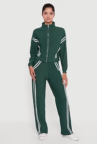 Womens Long Sleeve Mock Neck Varsity Stripe Detail Track Jacket, Green, Size S