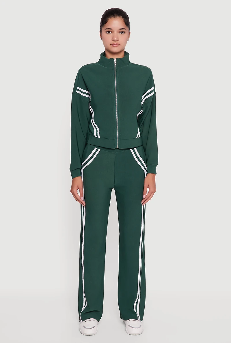 Womens Long Sleeve Mock Neck Varsity Stripe Detail Track Jacket, Green, Size XL