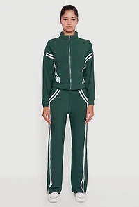 Womens Long Sleeve Mock Neck Varsity Stripe Detail Track Jacket, Green, Size S