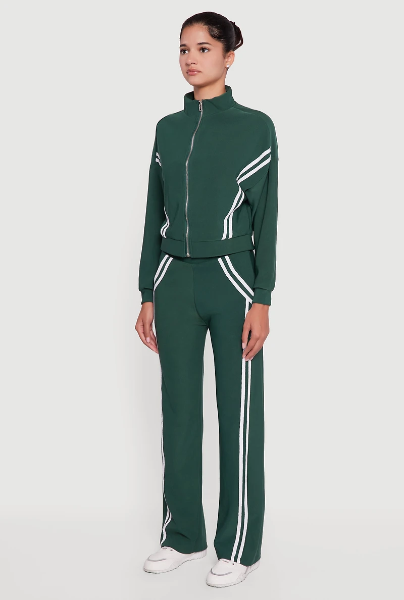 Womens Long Sleeve Mock Neck Varsity Stripe Detail Track Jacket, Green, Size S