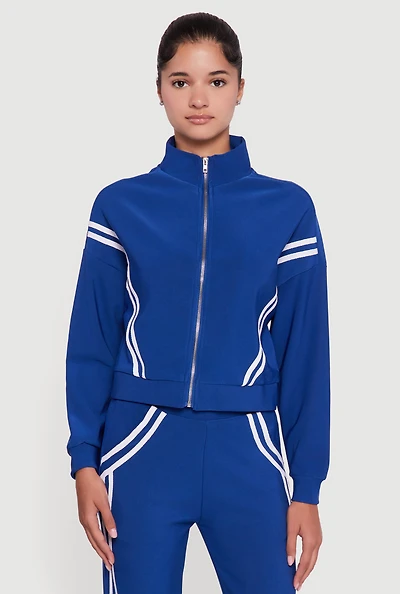 Womens Long Sleeve Mock Neck Varsity Stripe Detail Track Jacket,