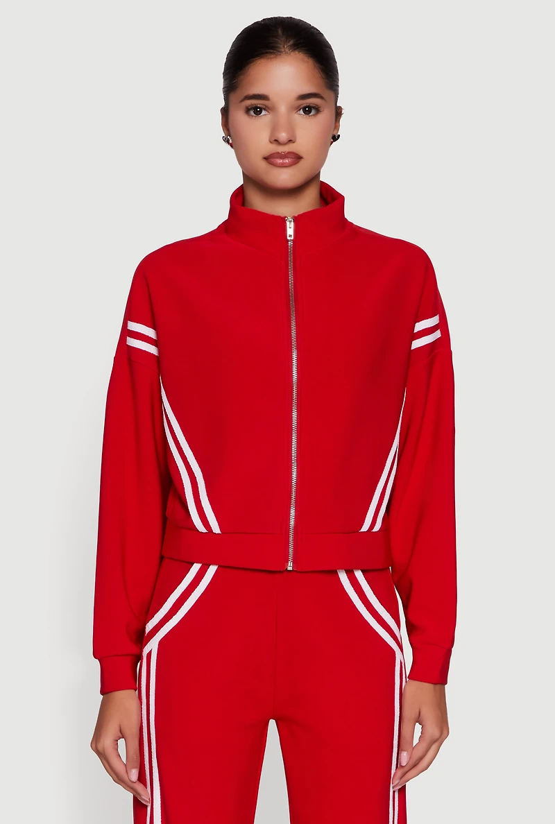 Womens Long Sleeve Mock Neck Varsity Stripe Detail Track Jacket, Red, Size M