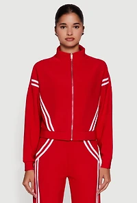 Womens Long Sleeve Mock Neck Varsity Stripe Detail Track Jacket, Red, Size M