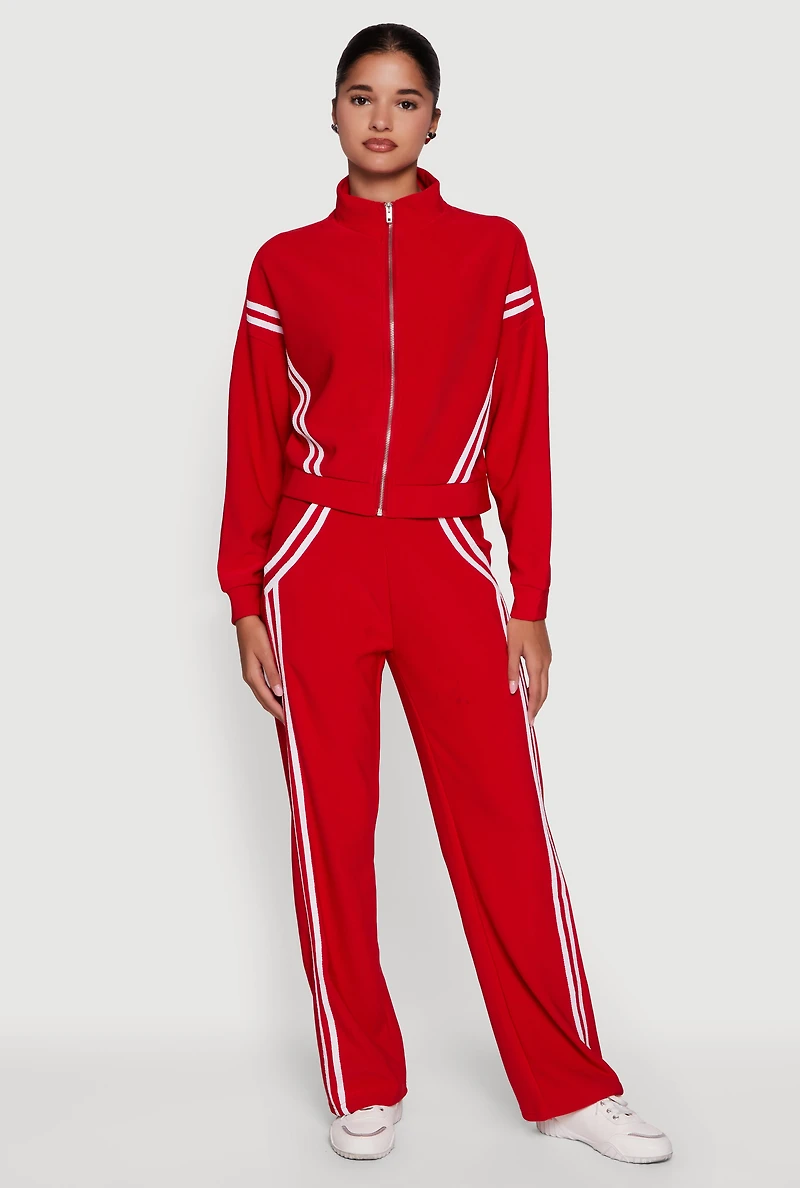Womens Long Sleeve Mock Neck Varsity Stripe Detail Track Jacket, Red, Size M
