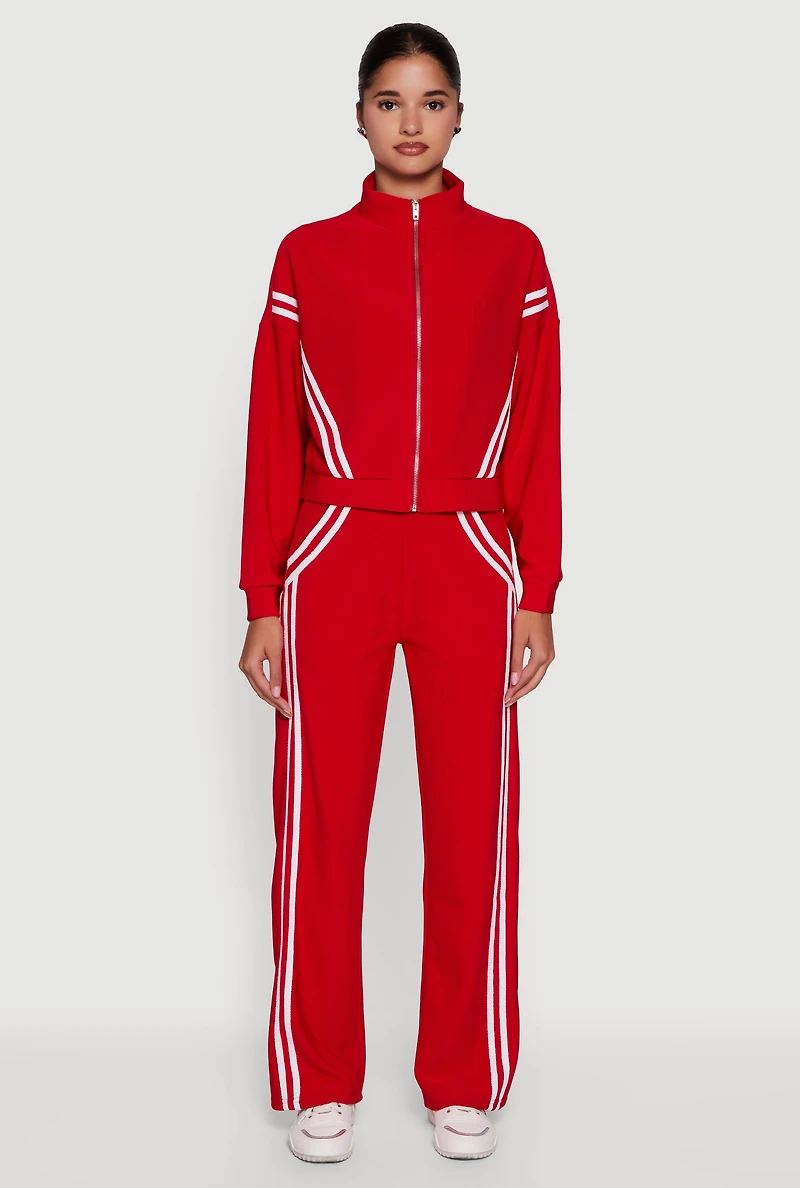 Womens Long Sleeve Mock Neck Varsity Stripe Detail Track Jacket, Red, Size M