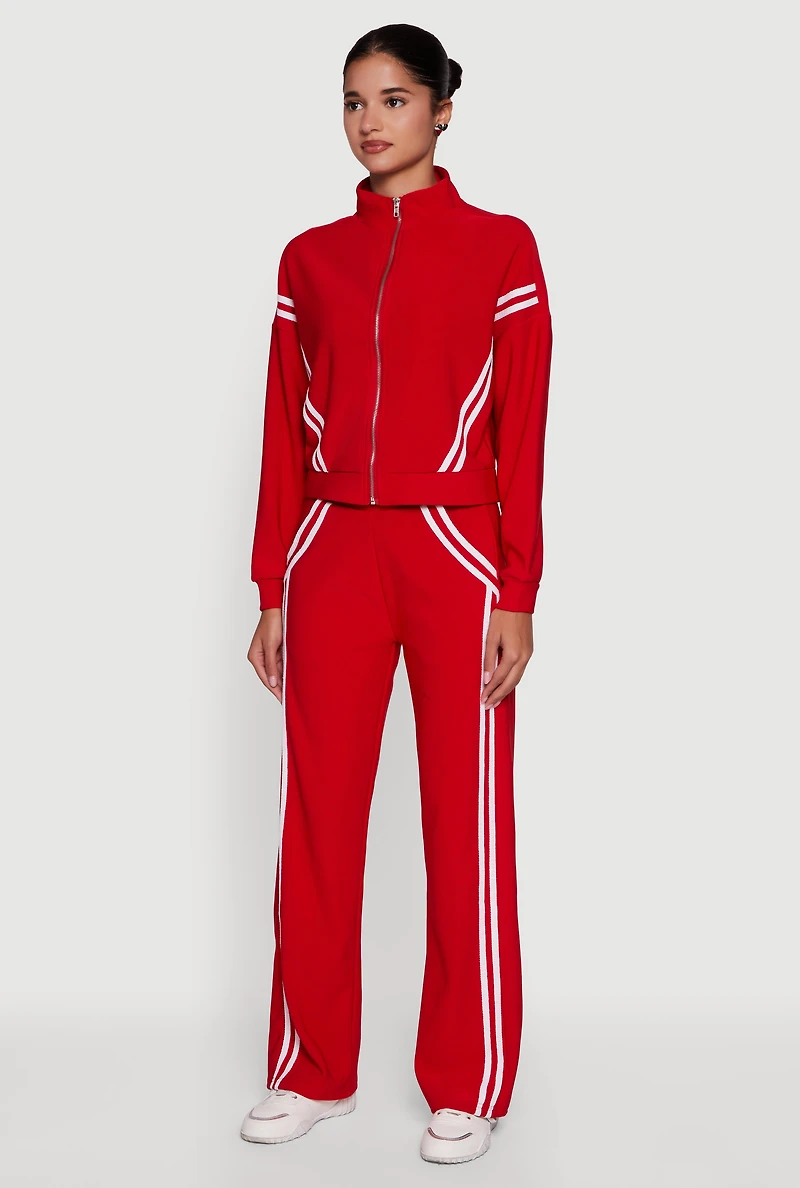 Womens Long Sleeve Mock Neck Varsity Stripe Detail Track Jacket, Red, Size M