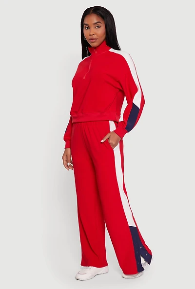 Womens Color Block Snap Button Side Track Pants, Red,
