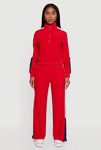 Womens Color Block Snap Button Side Track Pants, Red,