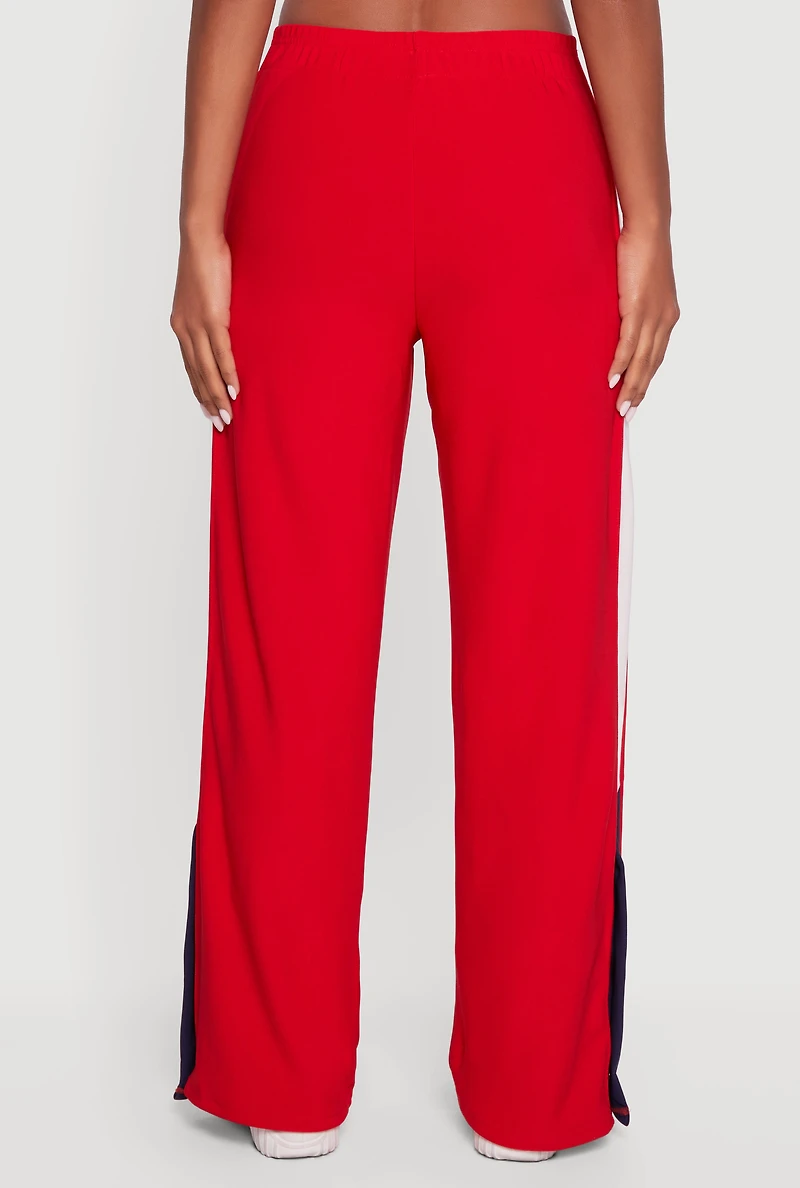 Womens Color Block Snap Button Side Track Pants, Red,