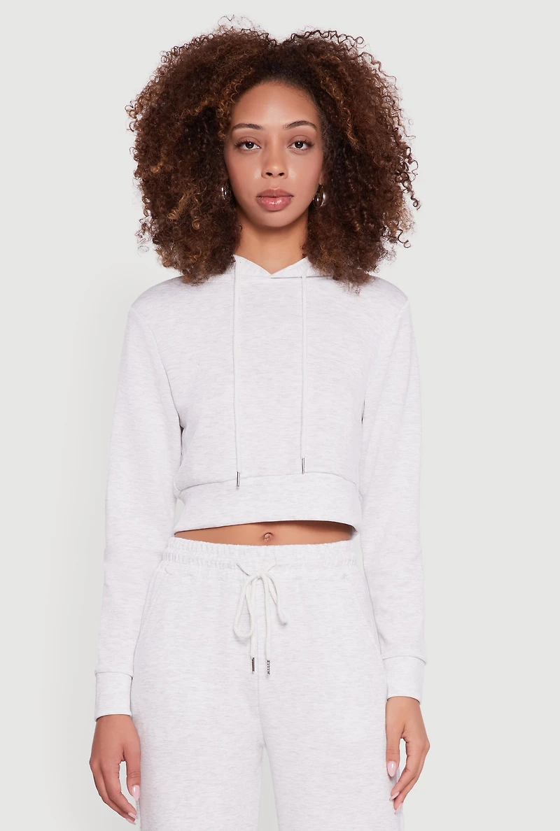 Womens Cropped Long Sleeve Pullover Hoodie, Grey, Size XL