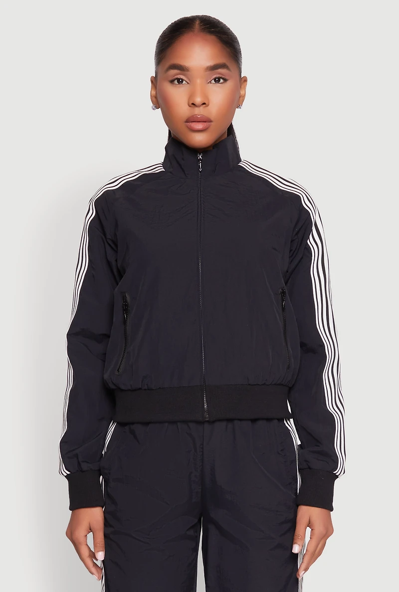 Womens Contrast Trim Mock Neck Track Jacket,