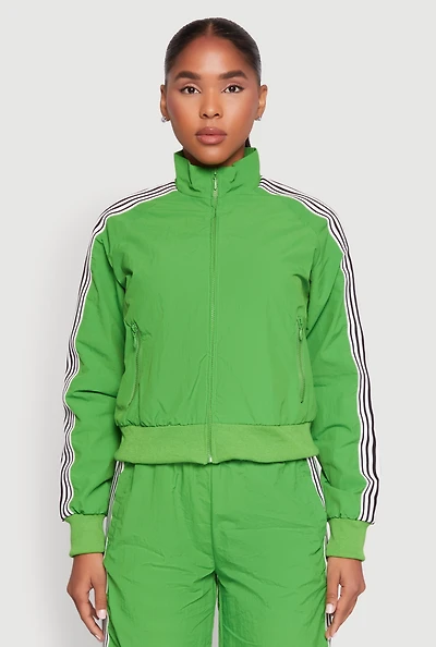Womens Contrast Trim Mock Neck Track Jacket, Green, Size M