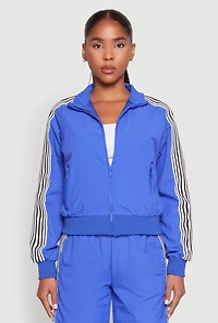 Womens Contrast Trim Mock Neck Track Jacket, Blue, Size M