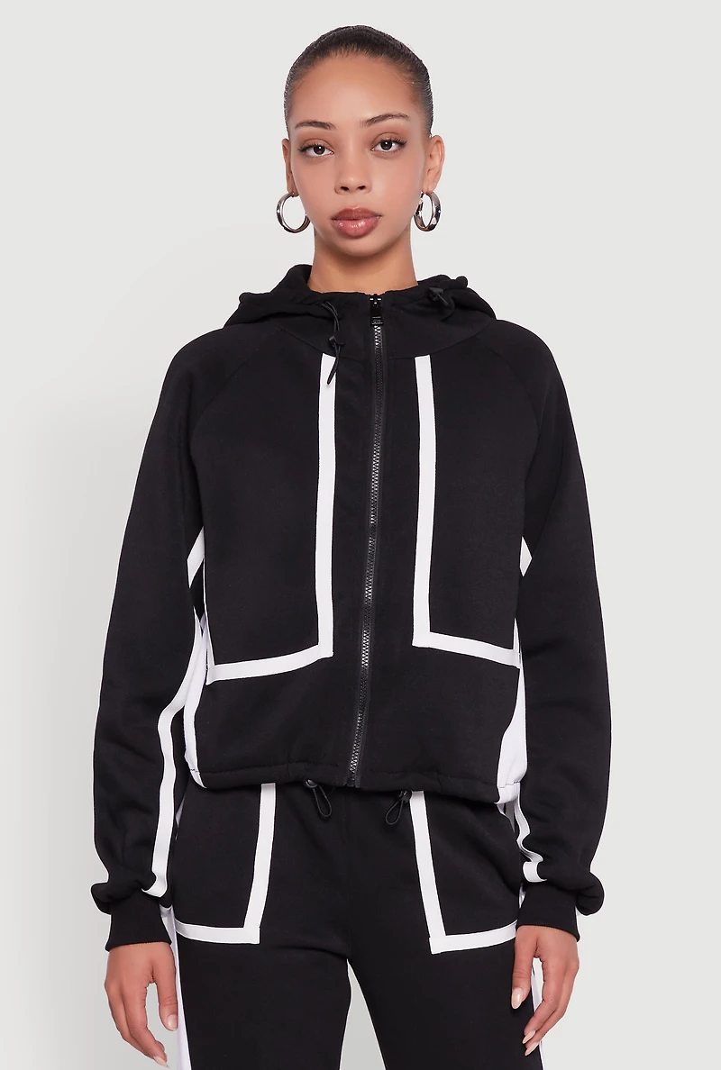 Womens Contrast Trim Zip Front Toggle Drawstring Hoodie,