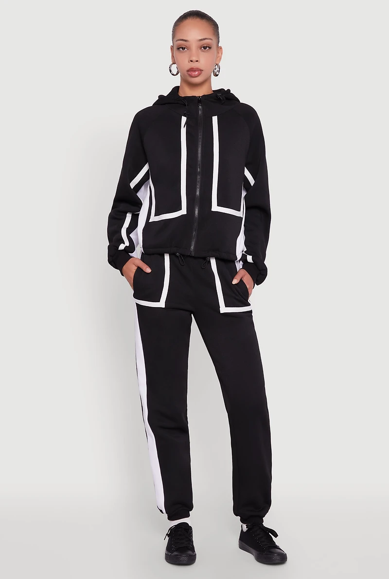 Womens Contrast Trim Zip Front Toggle Drawstring Hoodie,