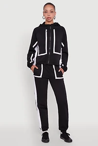 Womens Contrast Trim Zip Front Toggle Drawstring Hoodie,