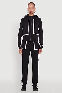 Womens Contrast Trim Zip Front Toggle Drawstring Hoodie,