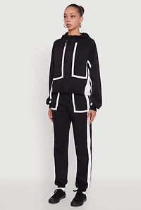 Womens Contrast Trim Zip Front Toggle Drawstring Hoodie,
