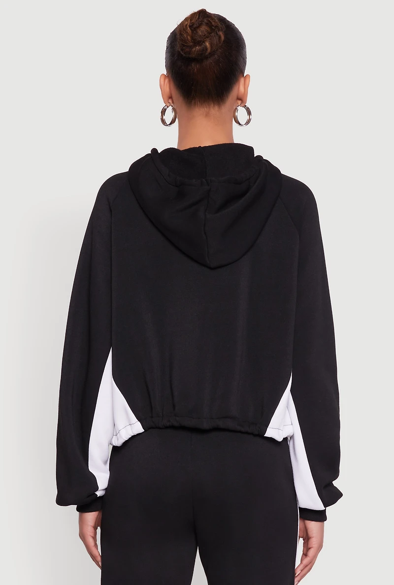 Womens Contrast Trim Zip Front Toggle Drawstring Hoodie,