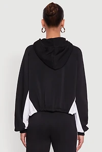 Womens Contrast Trim Zip Front Toggle Drawstring Hoodie,
