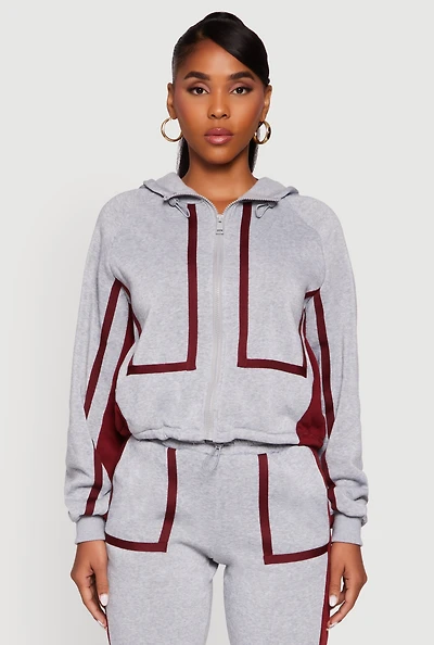 Contrast Trim Zip Front Toggle Drawstring Hoodie