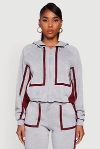 Contrast Trim Zip Front Toggle Drawstring Hoodie