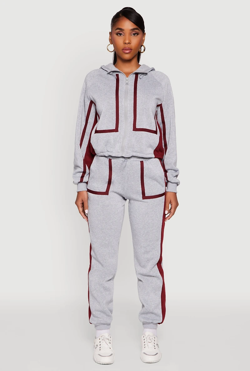 Contrast Trim Zip Front Toggle Drawstring Hoodie