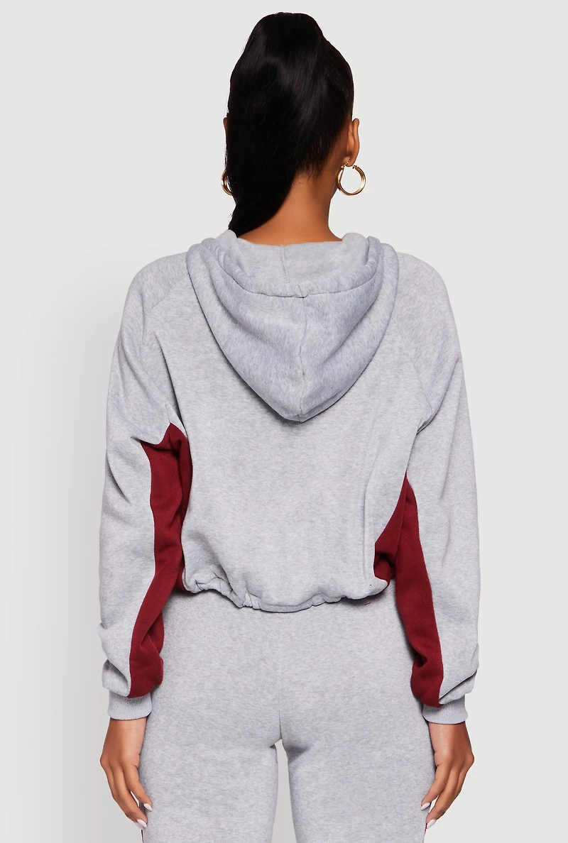 Contrast Trim Zip Front Toggle Drawstring Hoodie