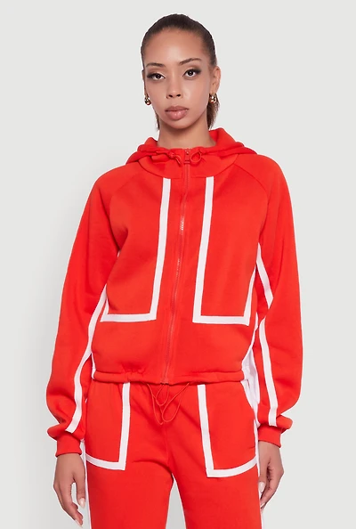 Womens Contrast Trim Zip Front Toggle Drawstring Hoodie, Red, Size M