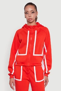 Womens Contrast Trim Zip Front Toggle Drawstring Hoodie, Red, Size M