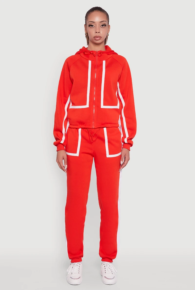 Womens Contrast Trim Zip Front Toggle Drawstring Hoodie, Red, Size M