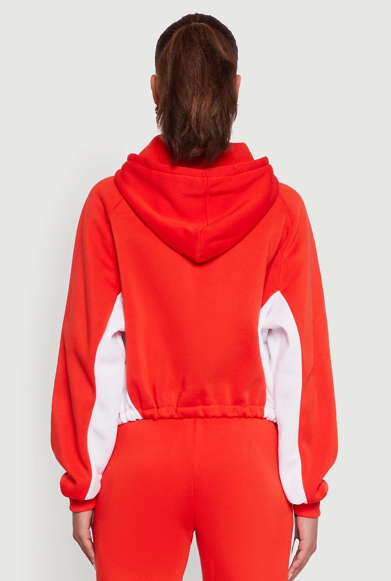 Womens Contrast Trim Zip Front Toggle Drawstring Hoodie, Red, Size M