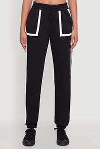 Womens Contrast Trim Toggle Drawstring Waist Sweatpants, Black,