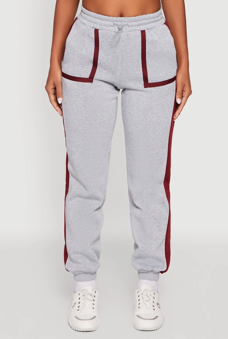 Womens Contrast Trim Toggle Drawstring Waist Sweatpants, Grey,