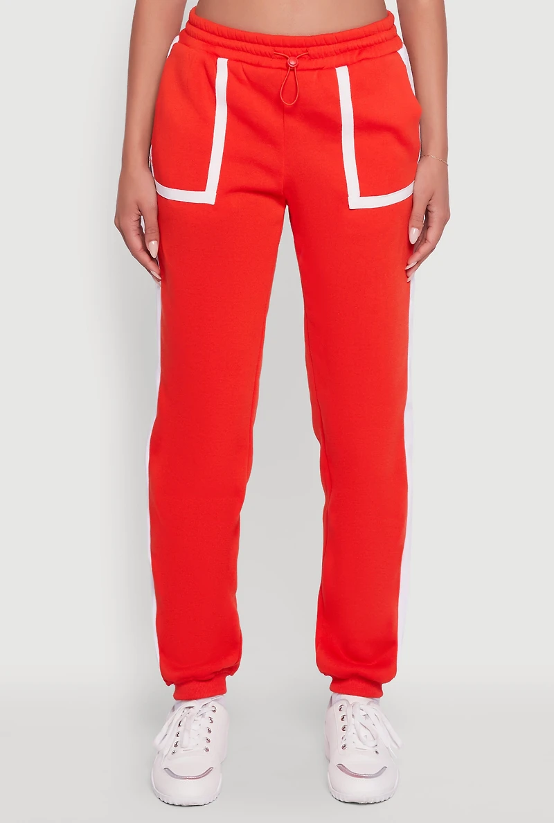 Womens Contrast Trim Toggle Drawstring Waist Sweatpants, Red, Size XL