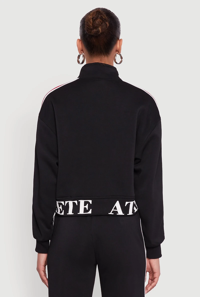 Womens Athlete Graphic Zip Front Sweatshirt, Black, Size L