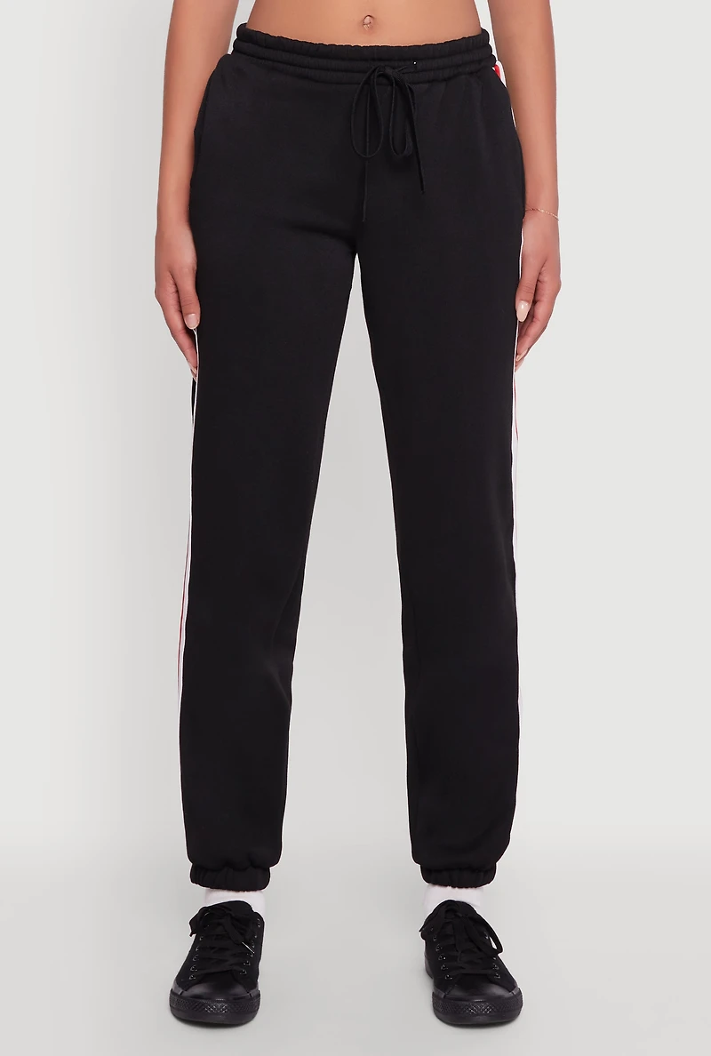Womens Varsity Stripe Side Drawstring Waist Sweatpants, Black,