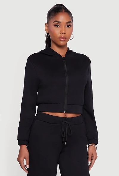 Womens Cropped Long Sleeve Zip Front Hoodie, Black, Size S