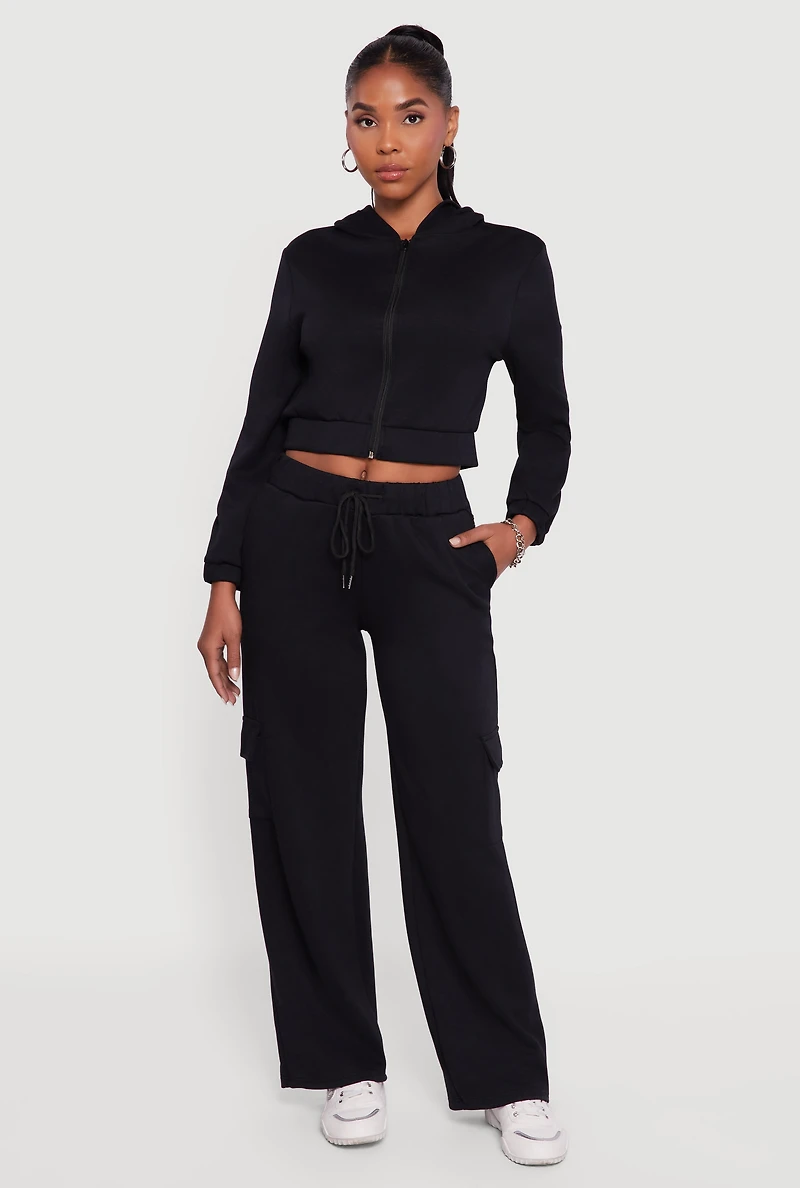 Womens Cropped Long Sleeve Zip Front Hoodie, Black, Size S
