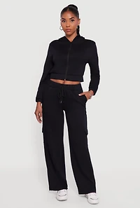 Womens Cropped Long Sleeve Zip Front Hoodie, Black, Size S