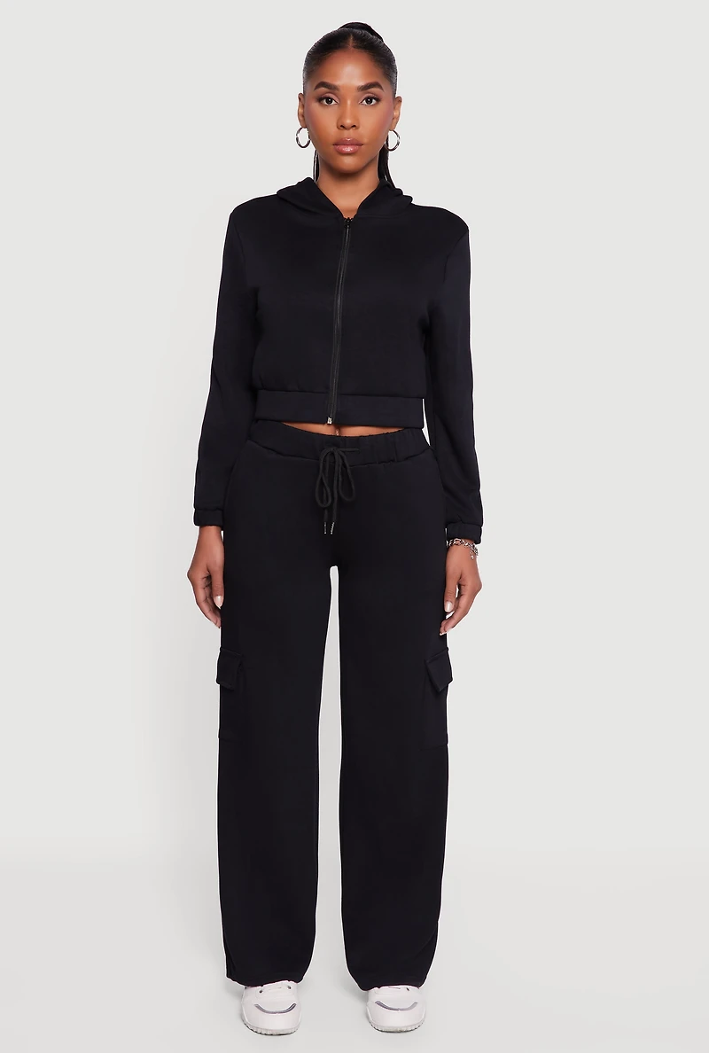 Womens Cropped Long Sleeve Zip Front Hoodie, Black, Size S