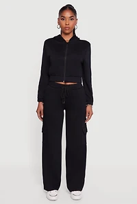 Womens Cropped Long Sleeve Zip Front Hoodie, Black, Size S