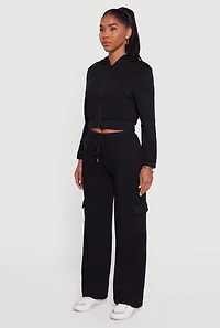 Womens Cropped Long Sleeve Zip Front Hoodie, Black, Size S