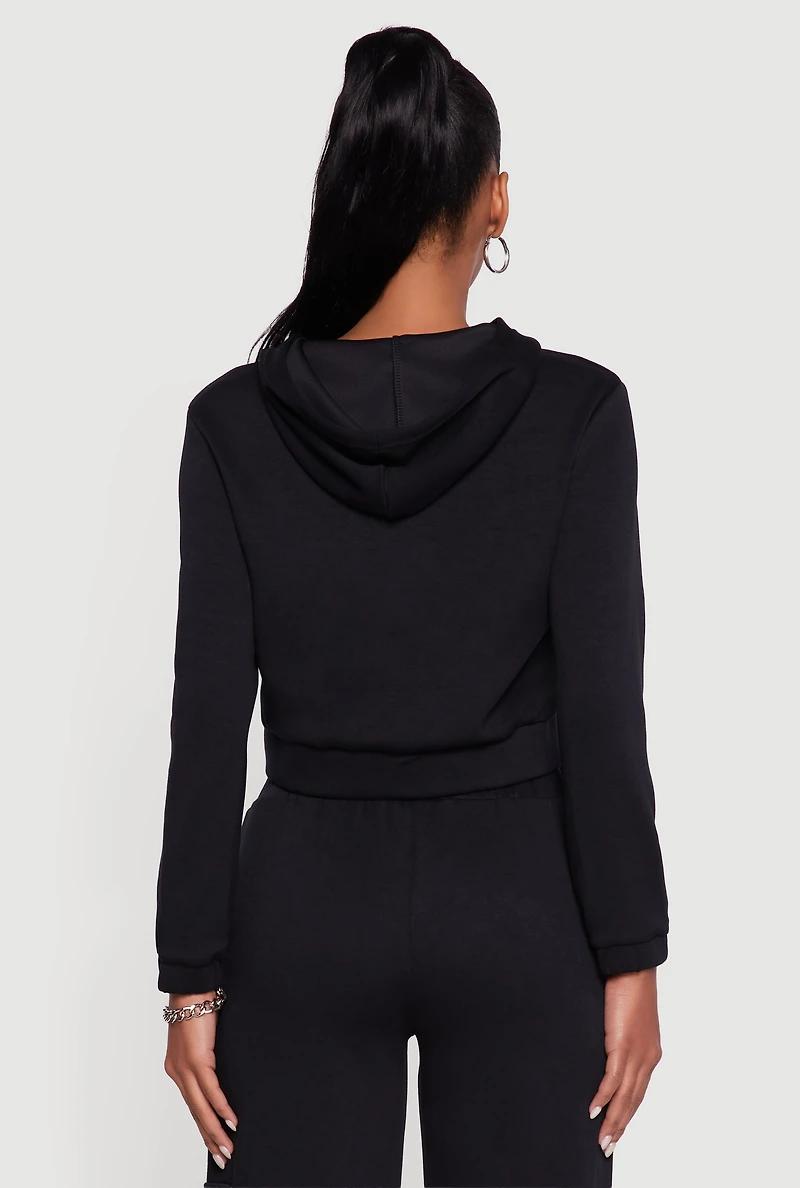 Womens Cropped Long Sleeve Zip Front Hoodie, Black, Size S