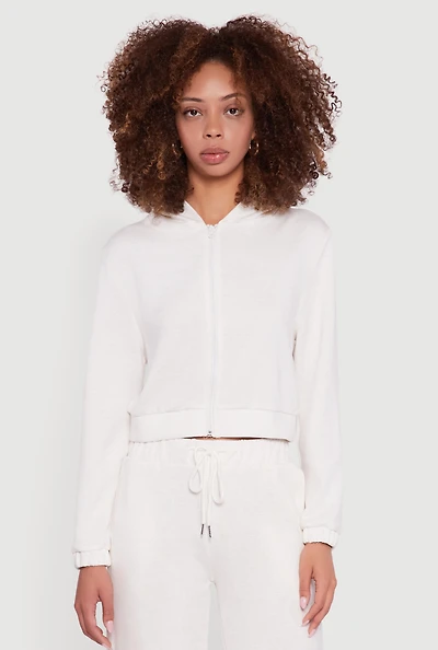 Womens Cropped Long Sleeve Zip Front Hoodie,