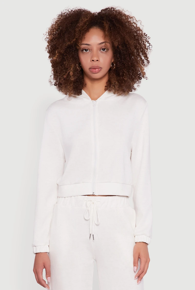 Womens Cropped Long Sleeve Zip Front Hoodie, M